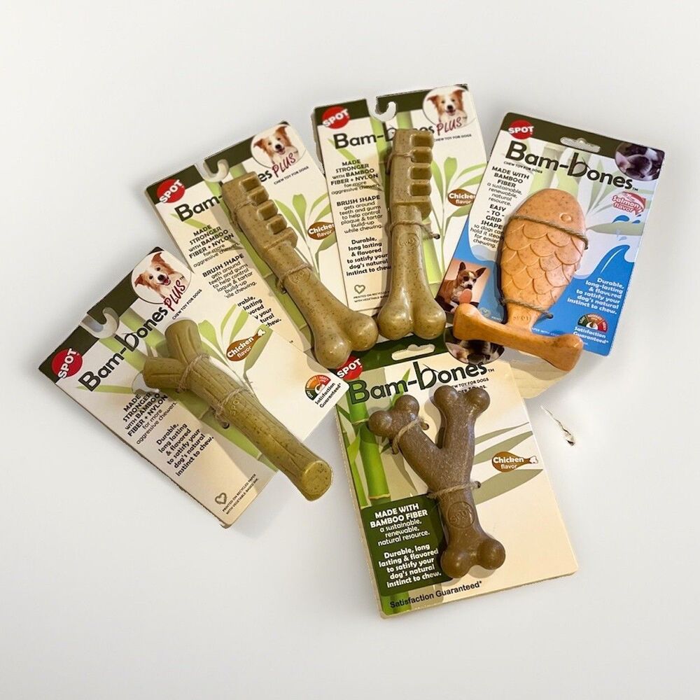 5 SPOT Bam-Bones Chew Toys for Dogs Chicken & Salmon Flavor Bamboo Sustainable